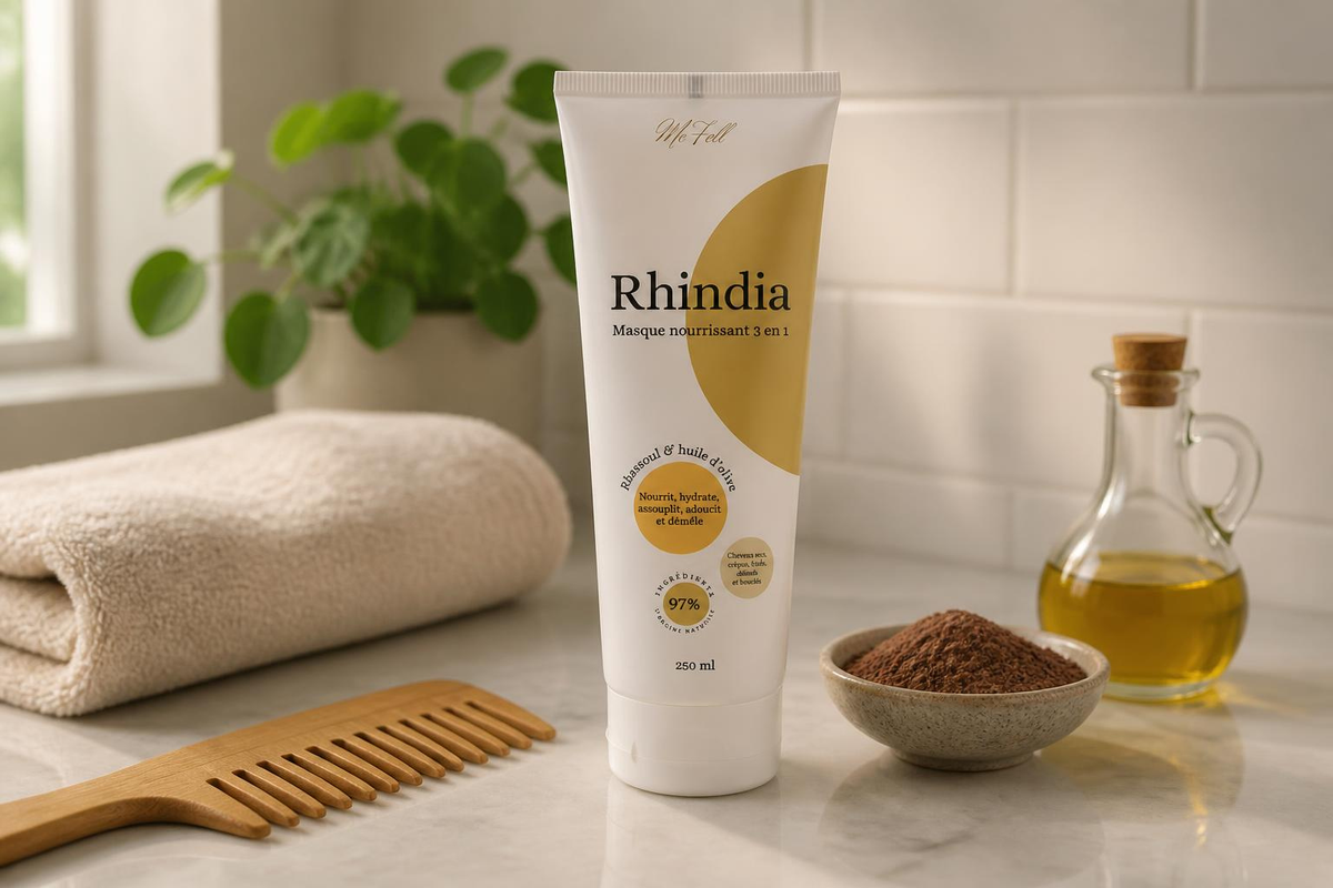 Masque Rhindia au rhassoul et à l'huile d'olive dans une salle de bain