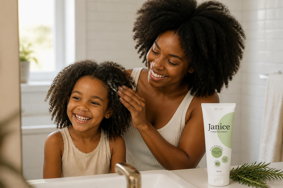 Une maman et sa fille aux textures de cheveux différentes appliquent la crème sans rinçage Janice au romarin